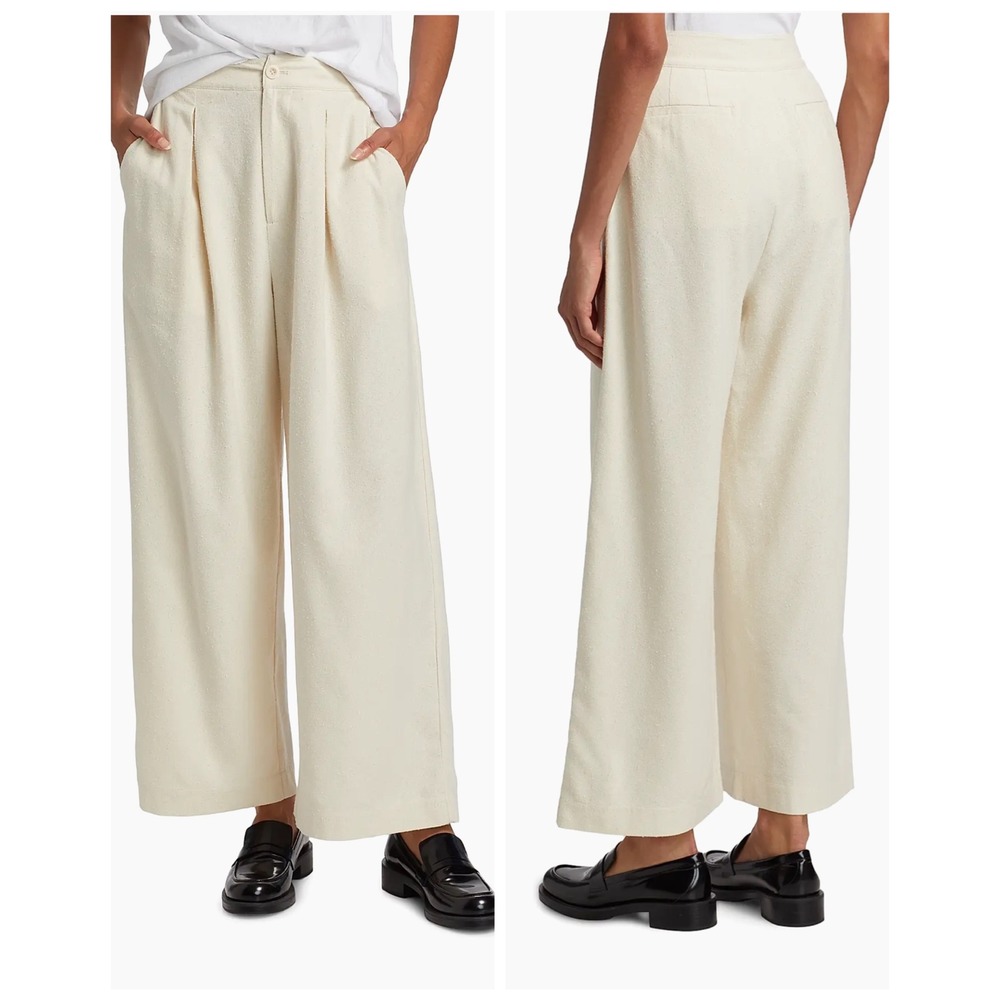 Jenni Kayne Textured Silk Relaxed-Fit Trousers Size 12 Ivory High Rise Wide Leg